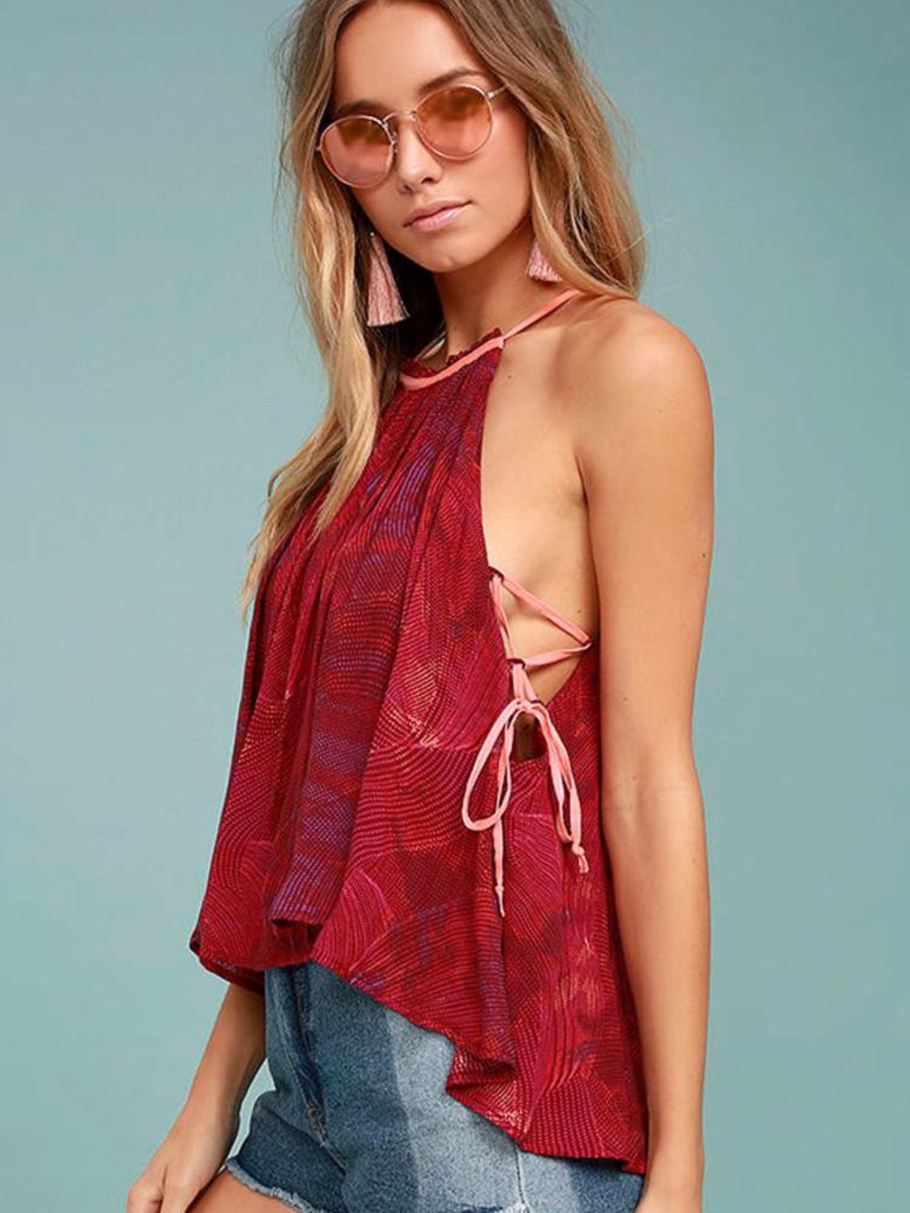 Free People Season in the Sun Berry Red Print Tank Top